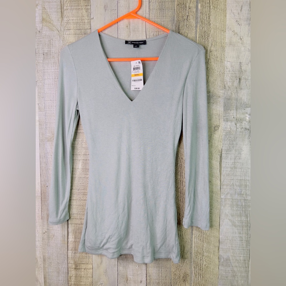 INC International Concept Small Ribbed Knit V-Neck 3/4 Sleeve Top (Honey…
